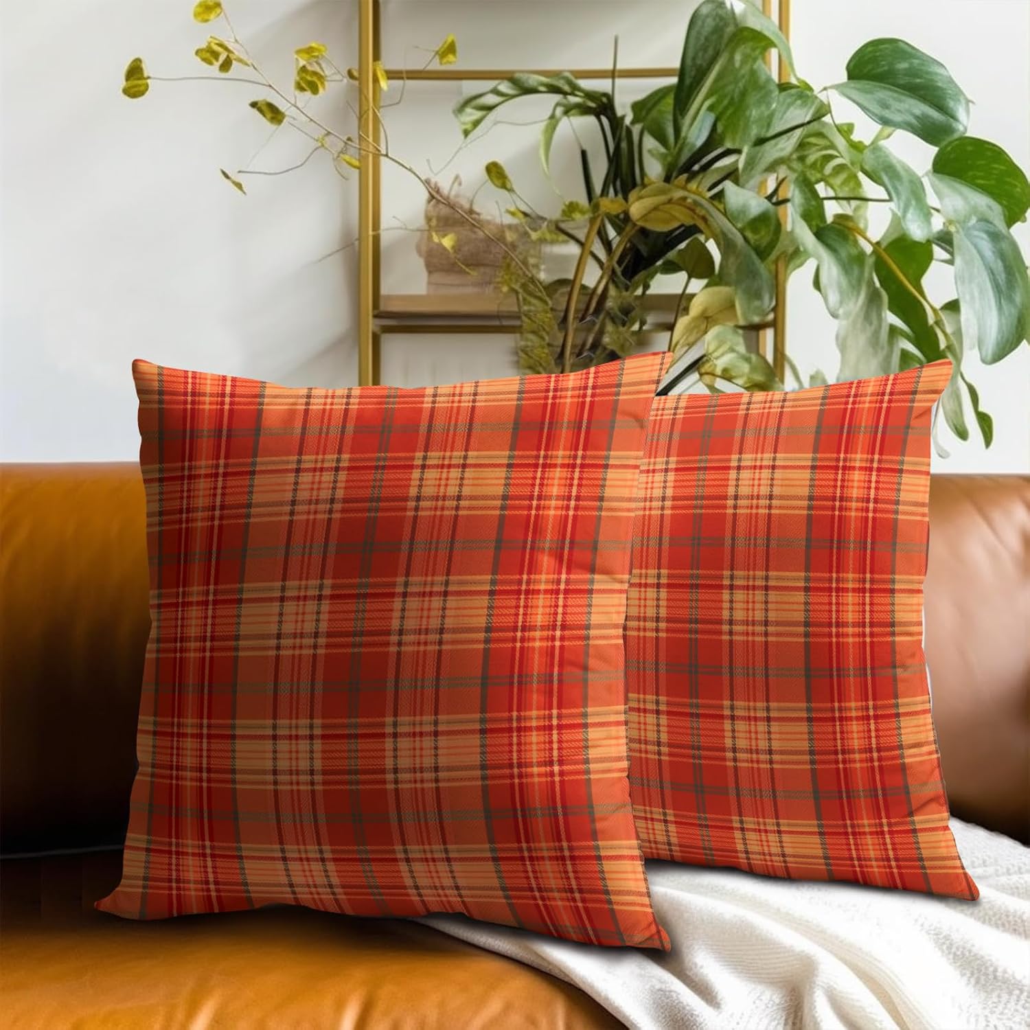 Fall Plaid Throw Pillow Covers 22x22inch Set of 2 Burnt Orange Buffalo Plaid Print Pillowcase Autumn Colored Tartan Thanksgiving…