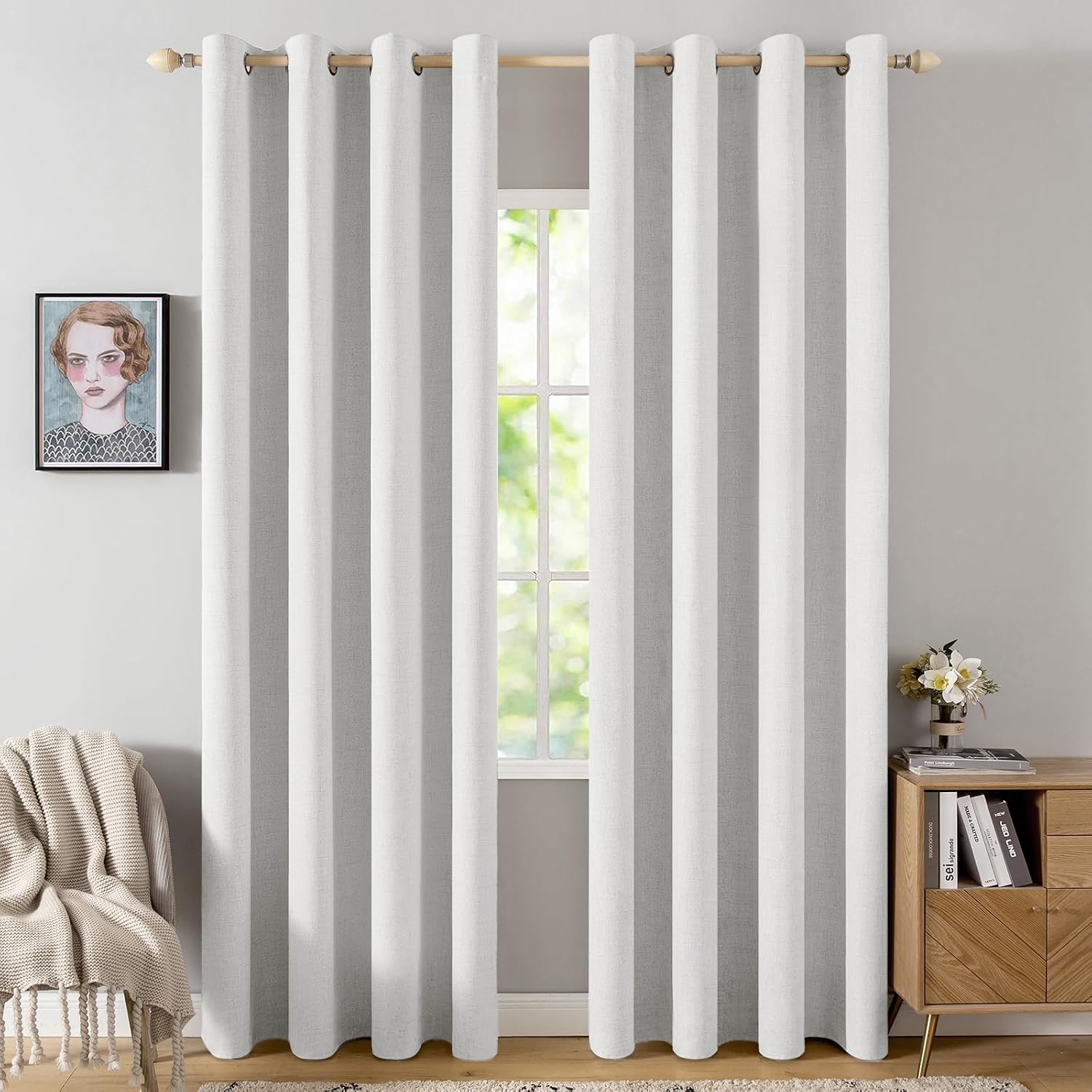 Miulee 100% Blackout Linen Textured Curtains for Bedroom Solid Thermal Insulated Heathered White Grommet Room Darkening Curtains & Drapes L…