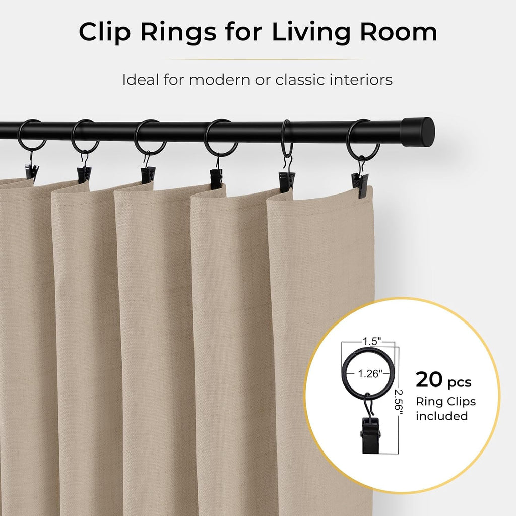 INOVADAY 100% Blackout Curtains for Bedroom, Black Out Curtains 90 Inch Long, Clip Rings Linen Blackout Drapes, Thermal Insulated Room…