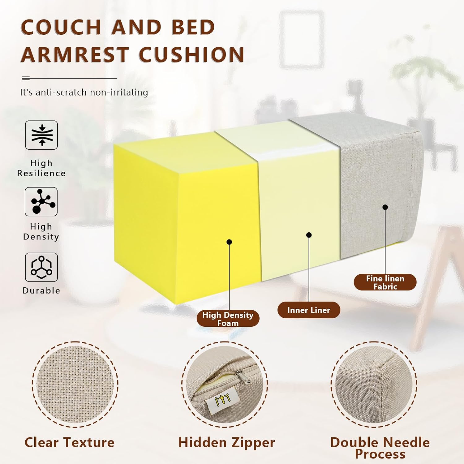 MMuteTouch 2 Pack Couch Arm Rest Pillow, 8''x8''x20'' Linen Cover, High Density Foam Armrest Cushion, Removable & Washable Elbow Support fo…