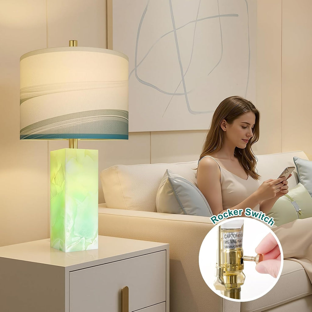 Scenekoy 23" Alabaster Table Lamp Set of 2 with Night Light for Bedroom Living Room, Rotary Switch, Blue Table Lamp with Linen Shade…