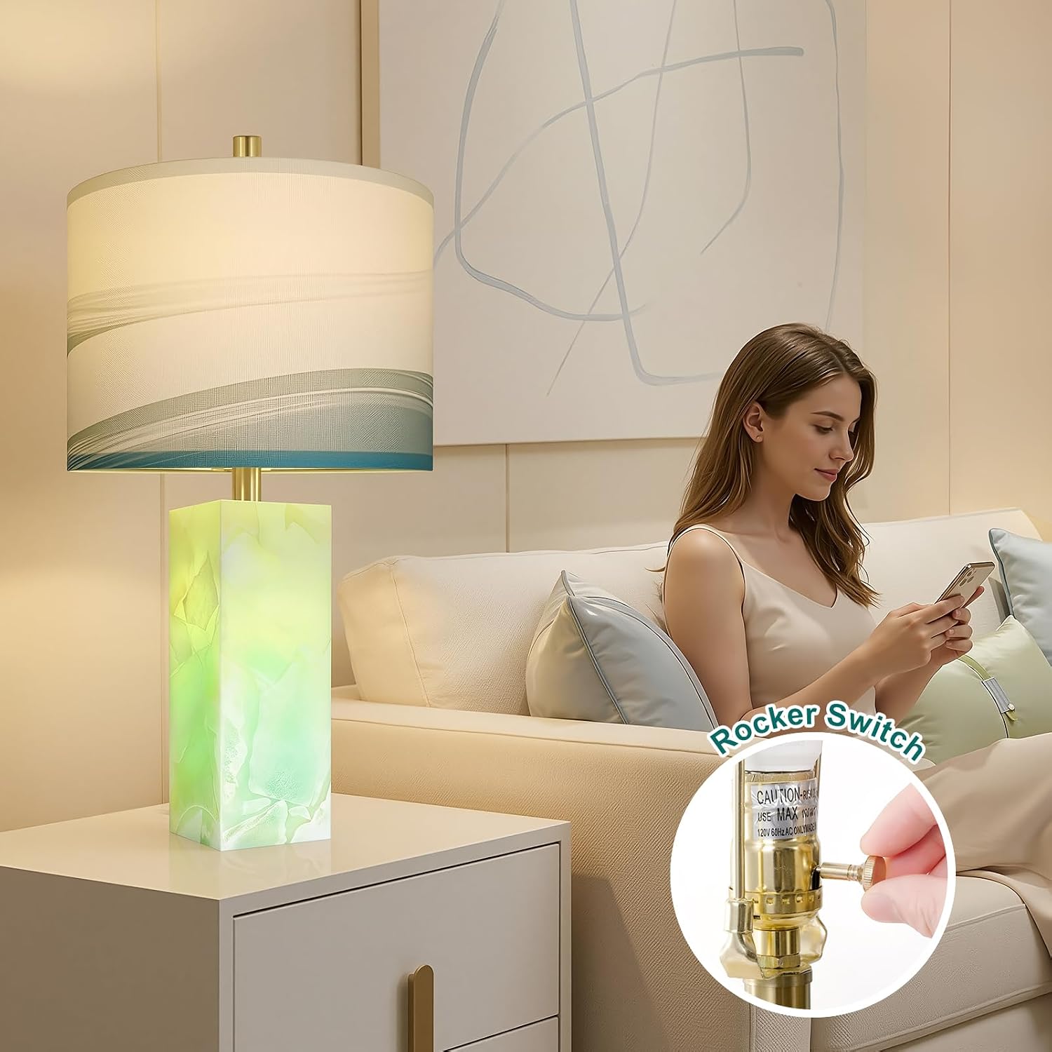 Scenekoy 23" Alabaster Table Lamp Set of 2 with Night Light for Bedroom Living Room, Rotary Switch, Blue Table Lamp with Linen Shade…