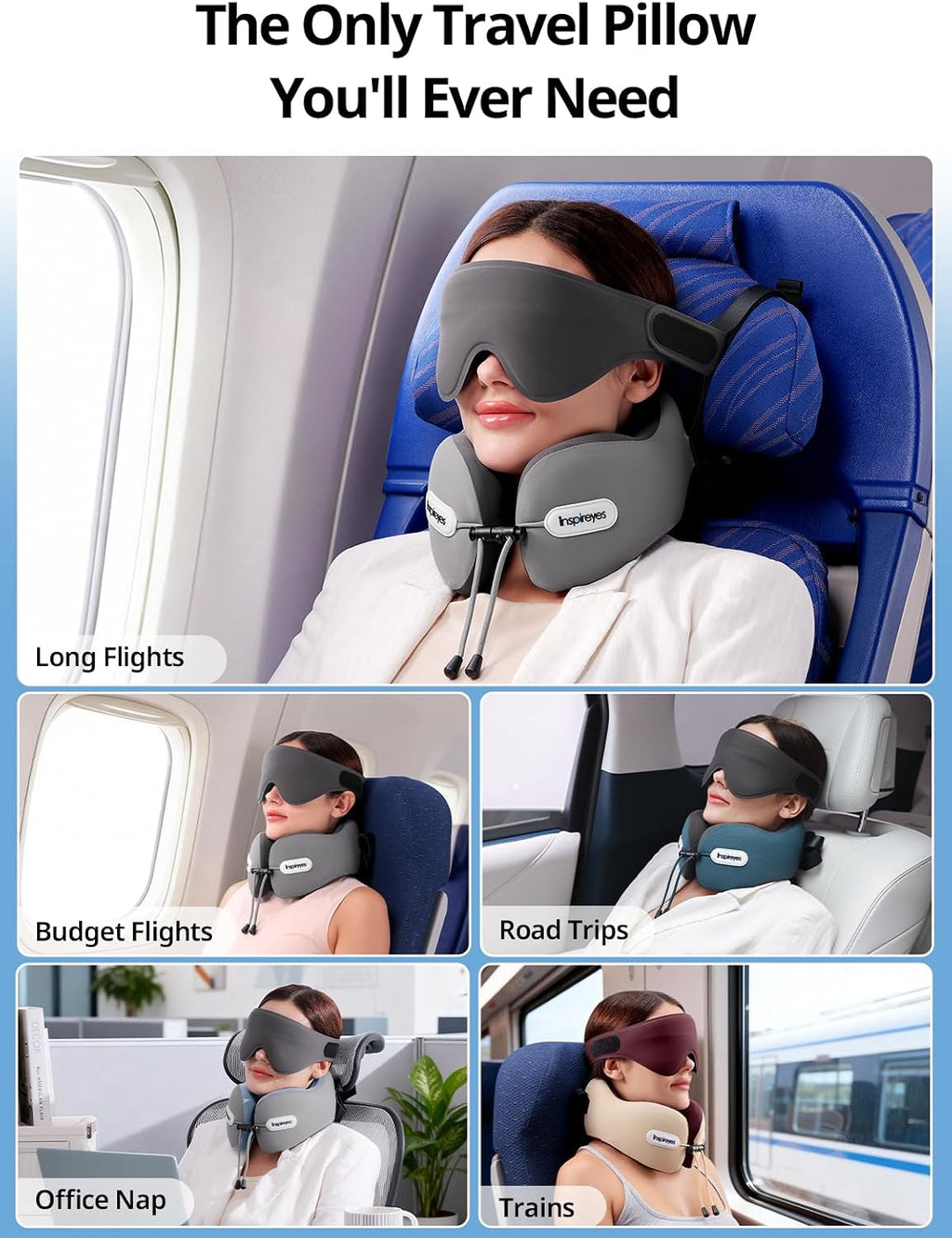 Inspireyes Neck Pillow, Travel Pillow with Seat Strap, 3D Sleep Mask, Dual Support Neck and Head, High Supportive Foam Airplane Pillow…