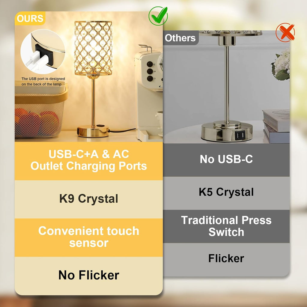 Touch Control Crystal Table Lamp-Dimmable Nightstand Lamp with USB-C+A & AC Charging Ports, 3-Way USB Gold Lamp, Bedside Desk Light for…