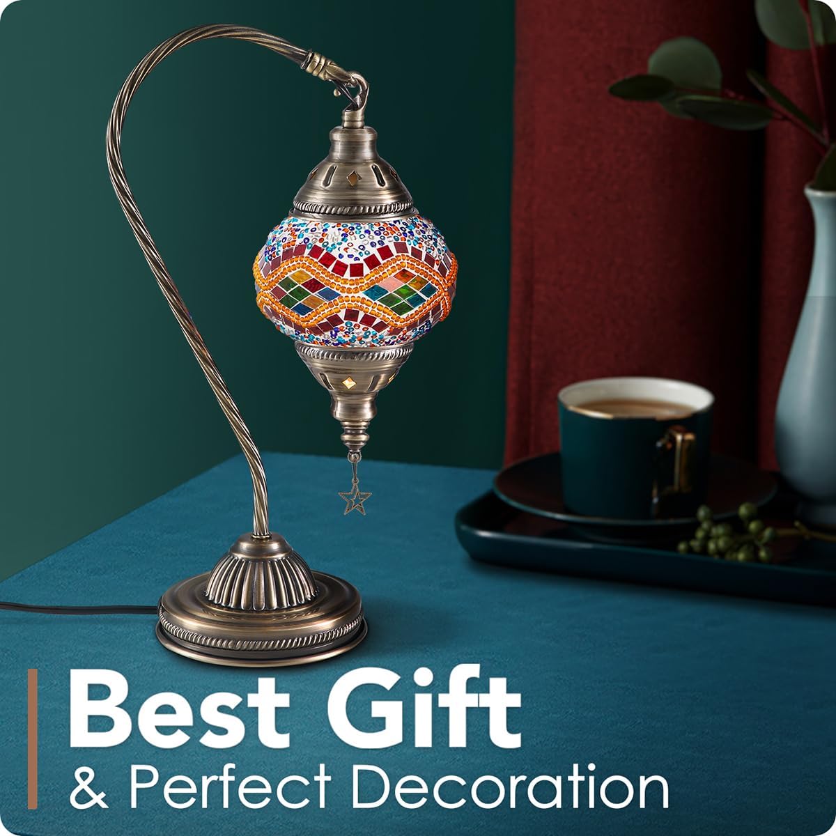 Yarra-Decor Turkish Moroccan Lamp with Bronze Base 3 Color Options Handmade Swan Neck Tiffany Mosaic Glass Bedside Lamps for Bedroom (LED…