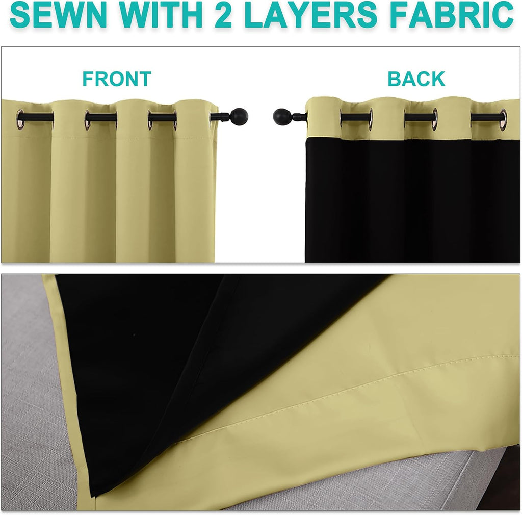 Nicetown 100% Blackout Short Curtains with Black Liners, 2 Panels, 37" W by 60" L, Paler Yellow, Thermal Insulated Full Blackout 2-Layer Li…