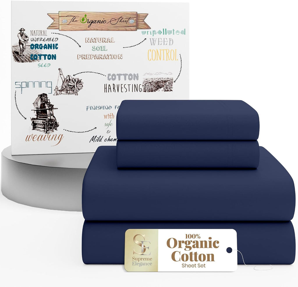 SupremeElegence SUPREME ELEGANCE 4Pc 100% Organic Cotton Queen Sheets Set, Dark Blue, Cooling Percale, Deep Pocket Fitted Sheet, Fits Mattr…