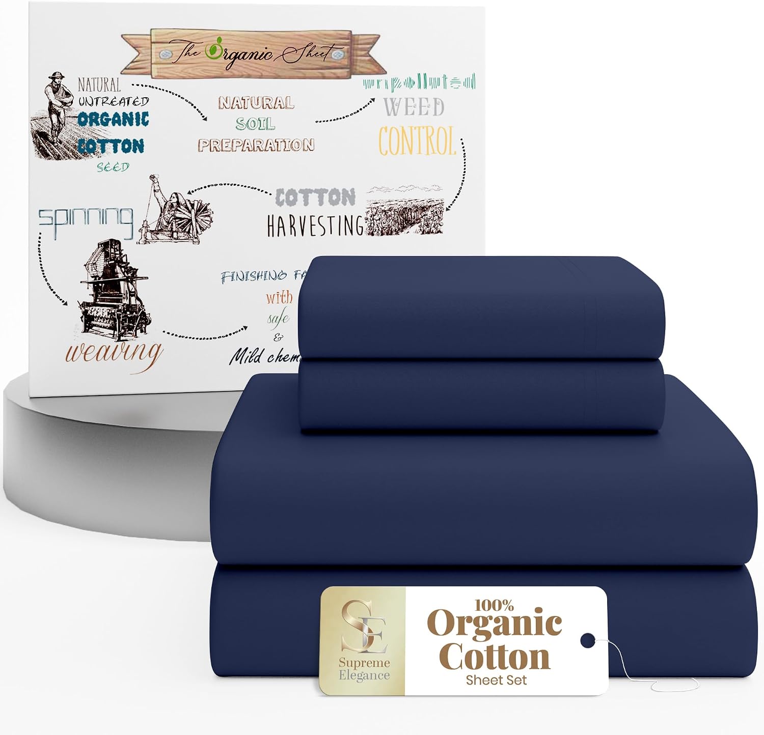 SupremeElegence SUPREME ELEGANCE 4Pc 100% Organic Cotton Queen Sheets Set, Dark Blue, Cooling Percale, Deep Pocket Fitted Sheet, Fits Mattr…