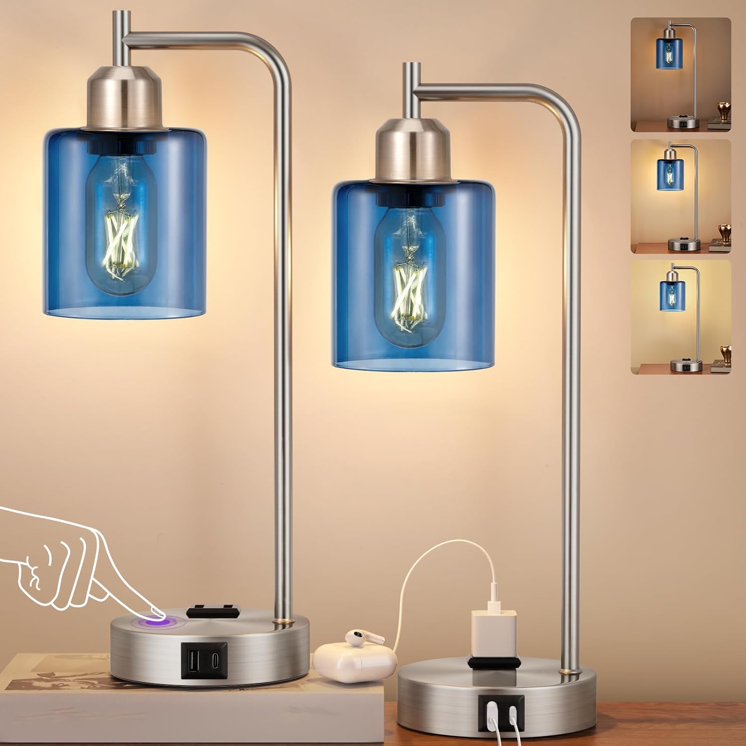 Innqoo Industrial Blue Table Lamps for Bedrooms Set of 2-3-Way Dimmable Desk Lamp with USB C+A Ports and Outlet, Nickel Lamps with Green…