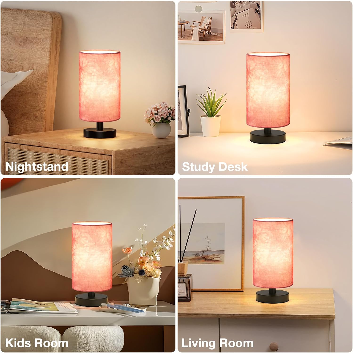 Fenmzee Small Table Lamp for Bedroom - Inline Control, Bedside Lamp with 3000K A15 LED Blub, Easy Assembly (Pink Shade - Black Base, 9"…