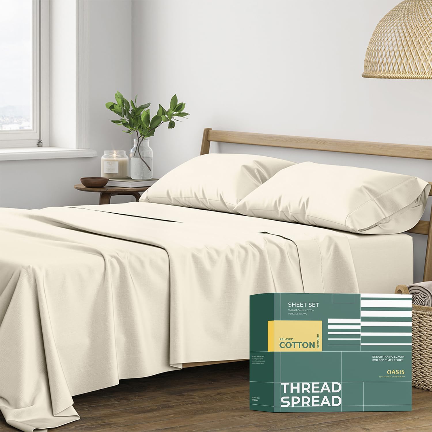 THREAD SPREAD 100% Organic Cotton Sheets Queen Size - 4 PC Organic Cotton Queen Percale Size Weave Sheet Set, Soft, Cooling, Crisp &…
