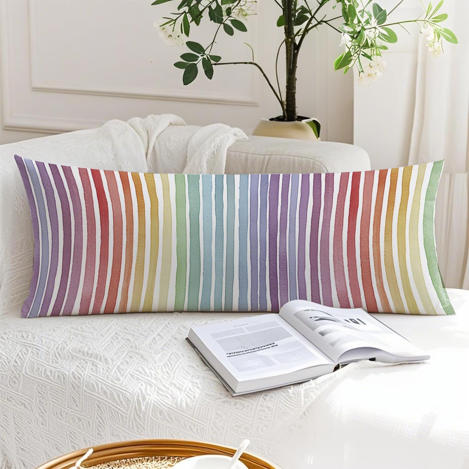 Boho Colorful Striped 20x54 Body Pillow Cover, Minimalist Boho Watercolor Rainbow Striped Decorative Long Body Pillow Cases for Kids Room…