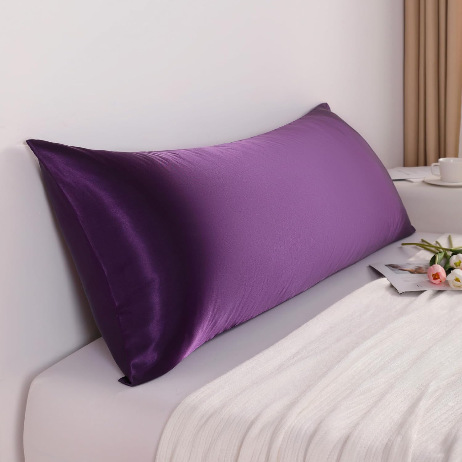 Ntbay Satin Body Pillowcase for Hair and Skin, Luxurious and Silky Pillow case with Envelope Closure, 20x54 Inches, Eggplant Purple 54 Inch…