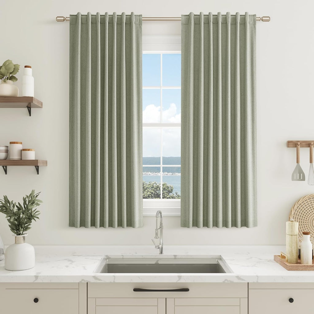 Guken Sage Green 100% Blackout Curtains 54 Inch Length 2 Panels Set for Living Room Bedroom Back Tab Thermal Insulated Black Out Linen Drap…