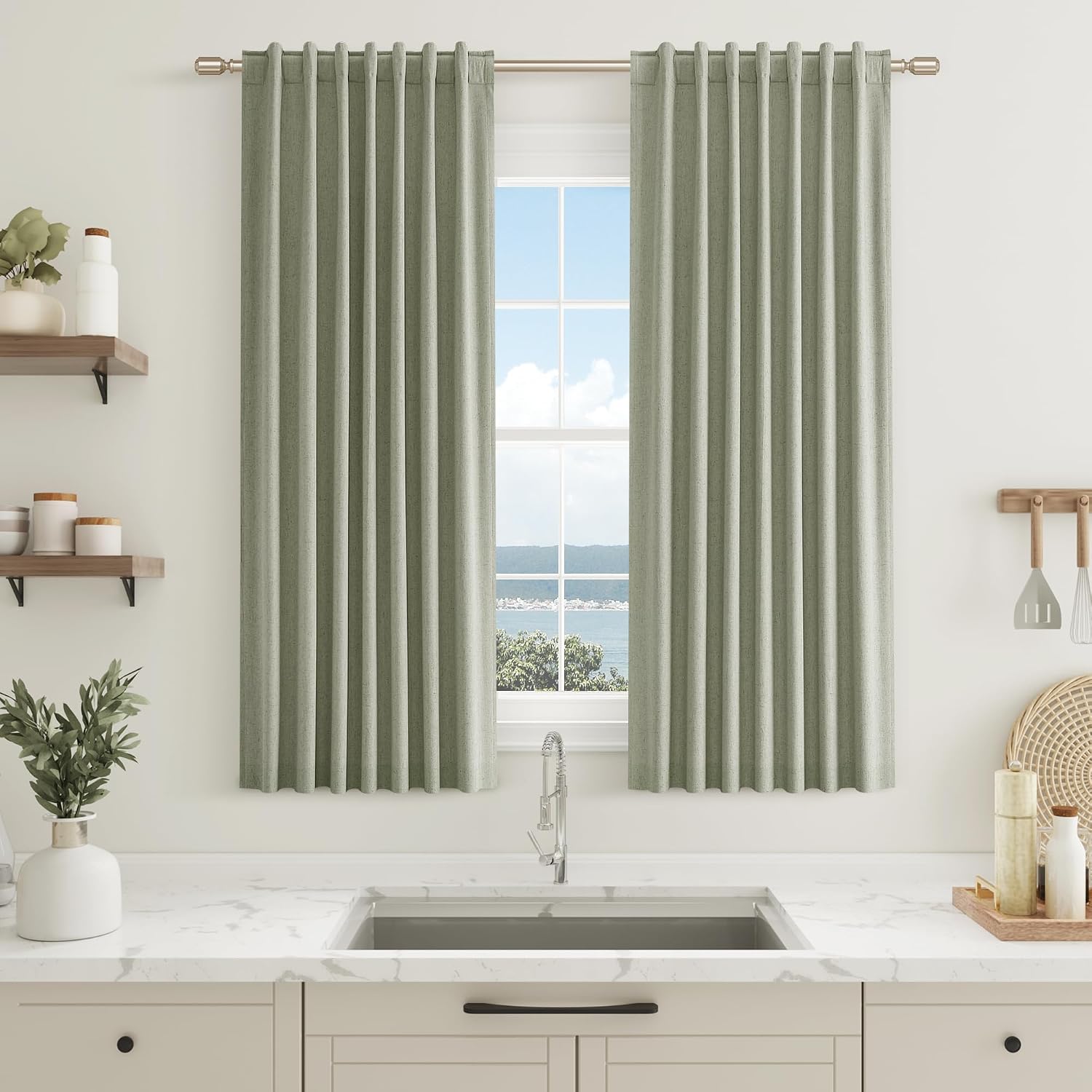 Guken Sage Green 100% Blackout Curtains 54 Inch Length 2 Panels Set for Living Room Bedroom Back Tab Thermal Insulated Black Out Linen Drap…