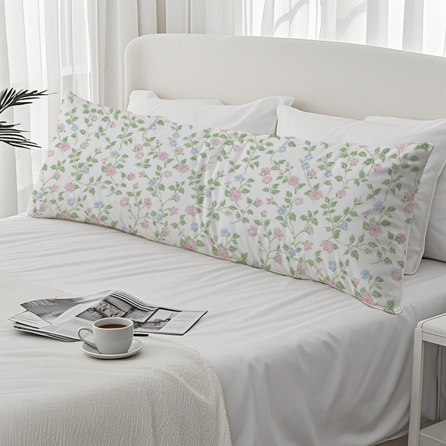 Pink and Green Blue Grandmillennial Floral 20x54 Body Pillow Cover, Cottagecore Home Decor, Pastel Pink Grand Millenial Flower Decorative…