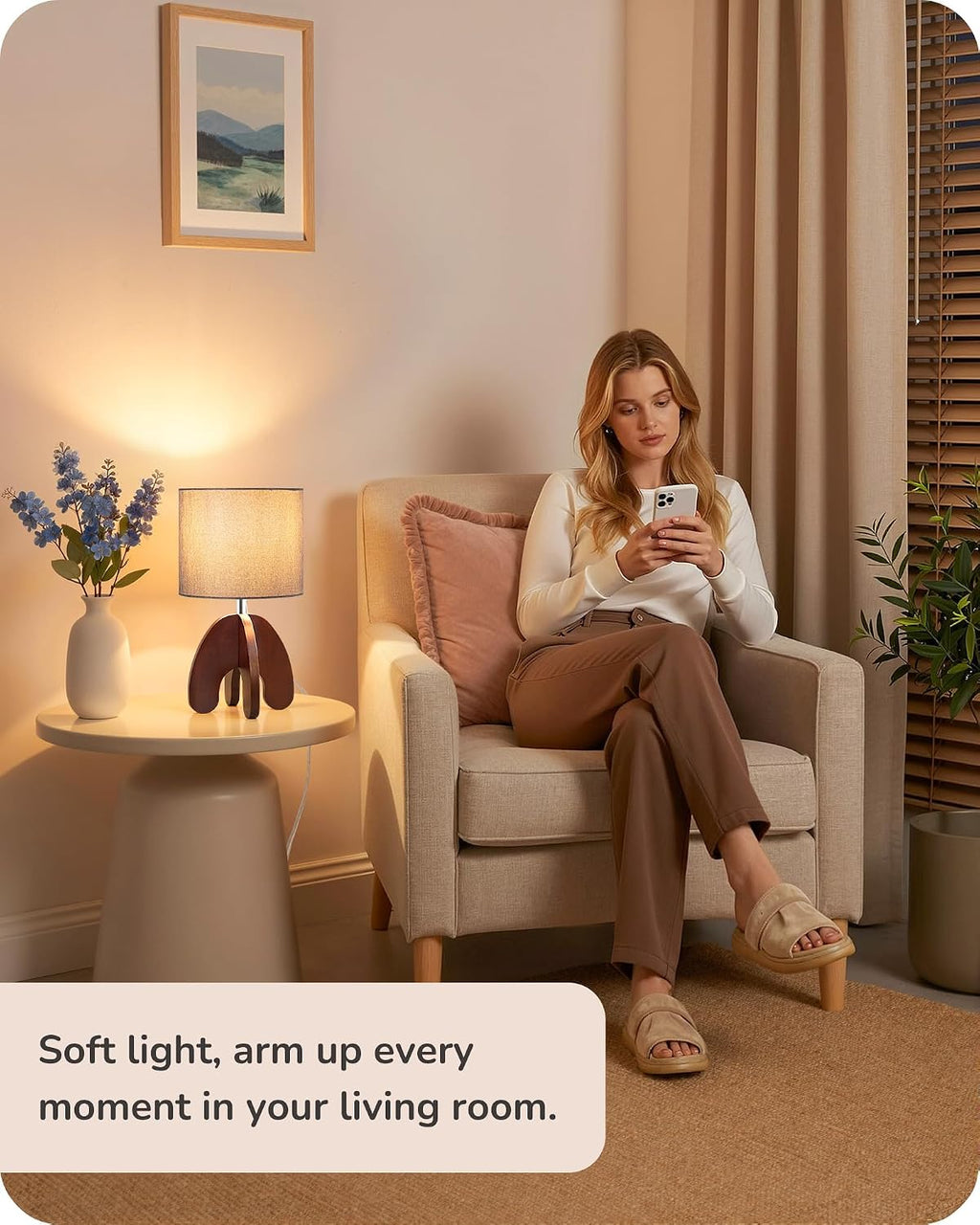 EDISHINE Modern Table Lamp with Integrated Four-Legged Wooden Base, Small Bedside Lamp with Grey Linen Lampshade, Cute Nightstand Lamp…