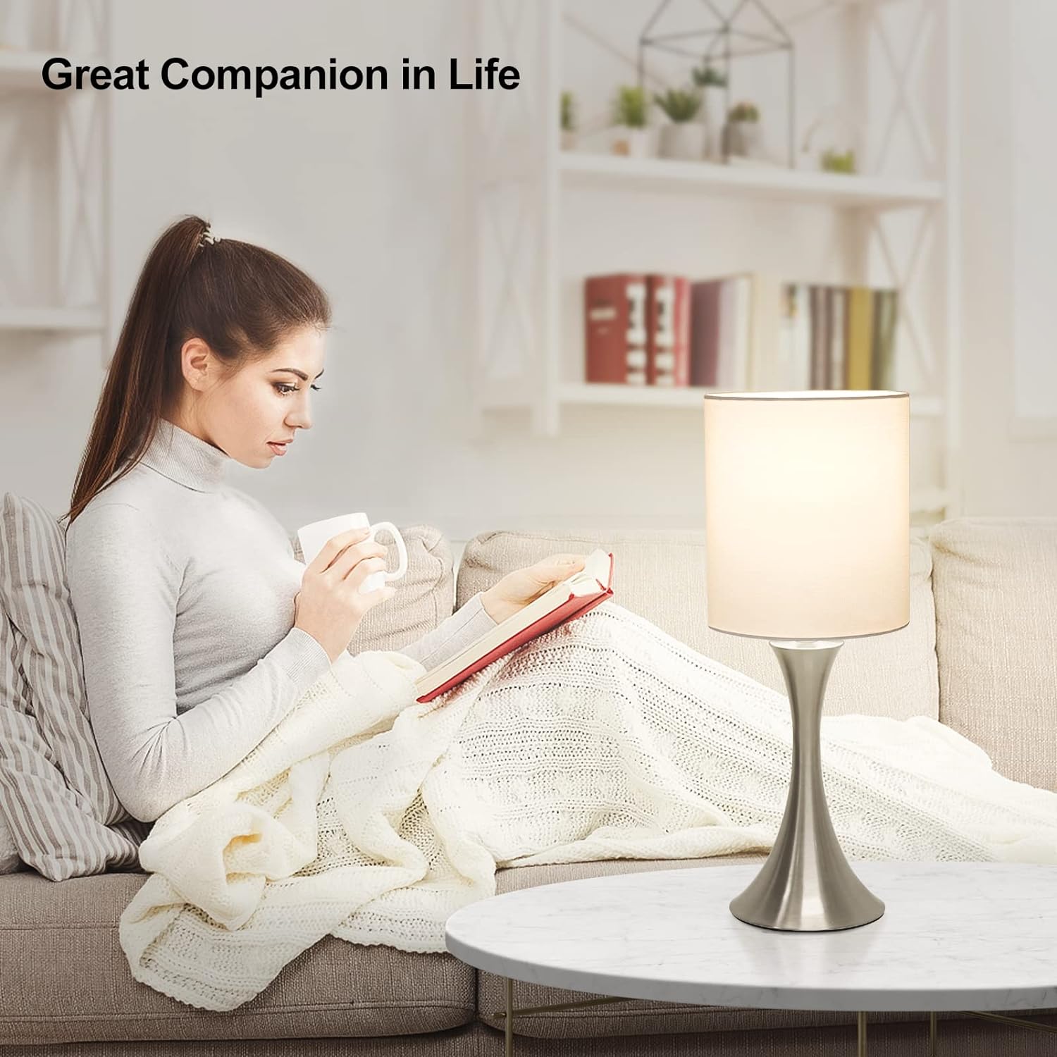 Touch Control Table Lamp, 3-Way Dimmable Bedside Lamp for Living Room, Modern Nightstand Lamp for Bedroom, Silver Table Lamp with White…