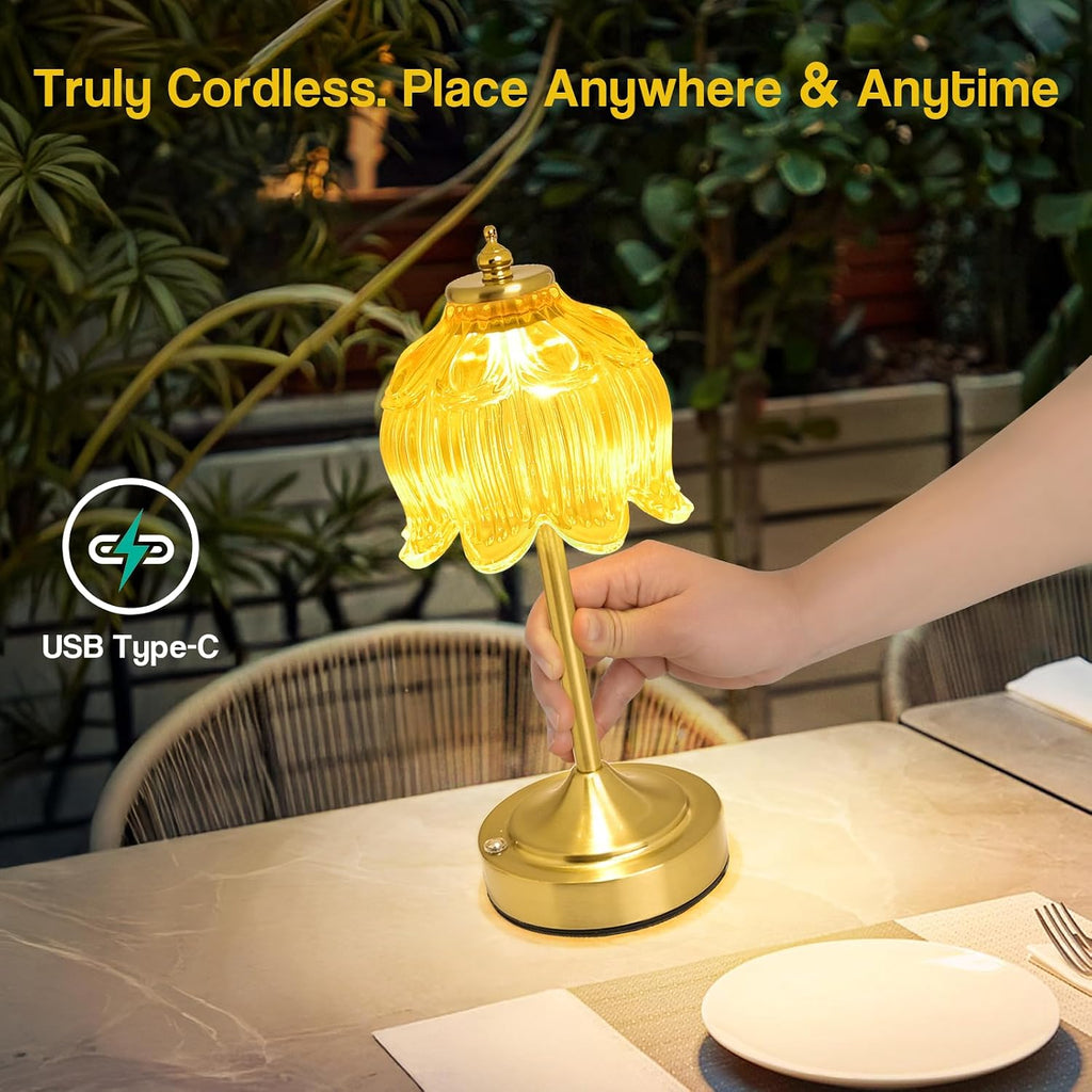Crkwos Cordless Lotus Flower Table Lamp, 5200mAh Rechargeable Battery Operated Portable Lamp, 3-Color Dimmable Touch Control Small D…