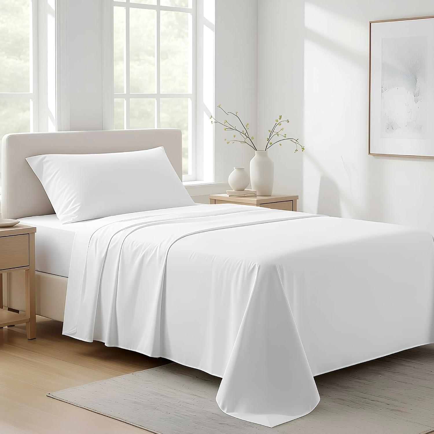 AshtonSheets 100% Organic Cotton Sheets Twin XL Size - Organic Cotton Twin XL Size Percale Weave Sheet Set (3 PC, White), Soft, Cooling, Cr…