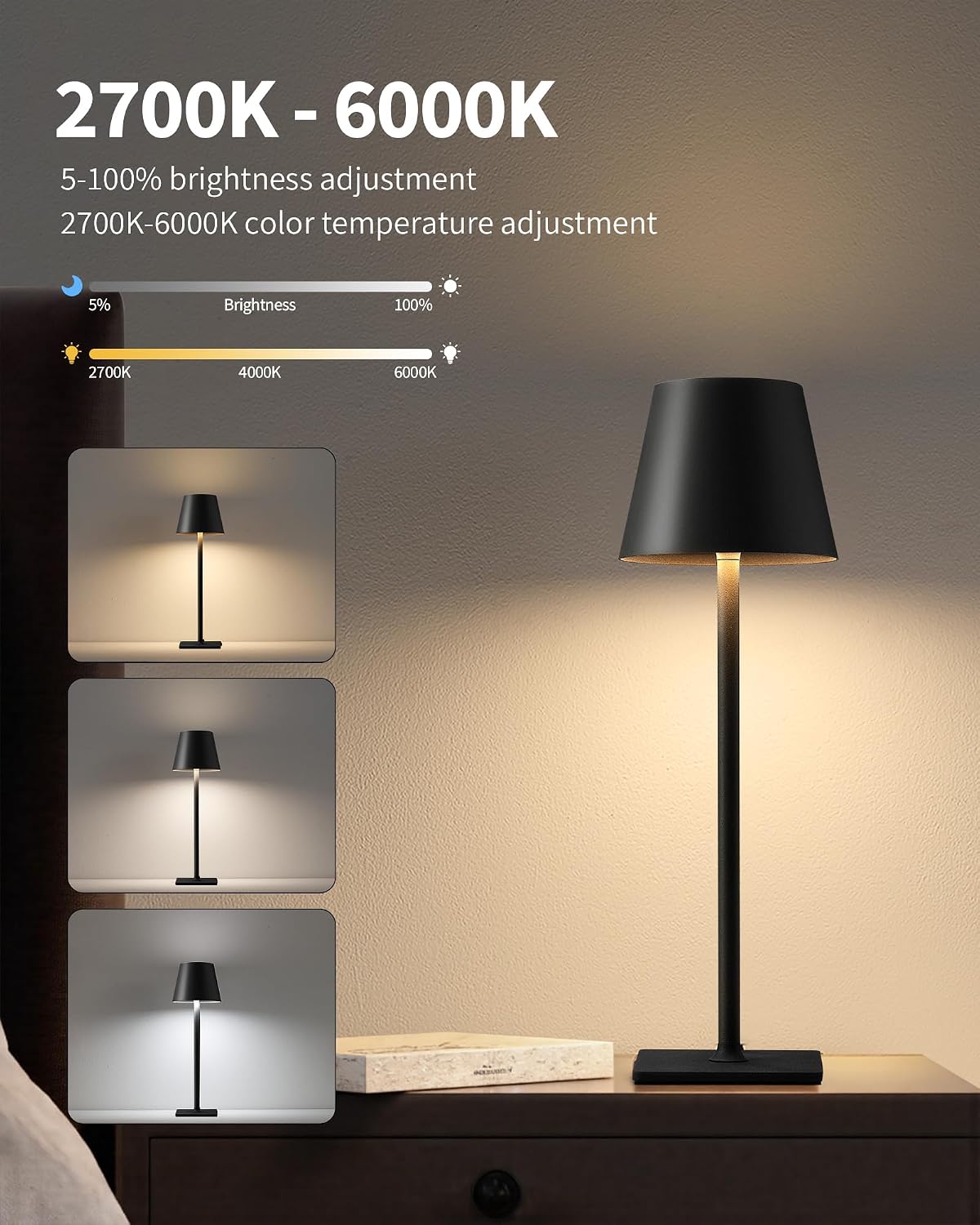 KDG 2 Pack Cordless Table Lamp, Portable LED Desk Lamps, 5000mAh Battery Operated, 3 Color Stepless Dimming Up, for Restaurant, Bedroom…