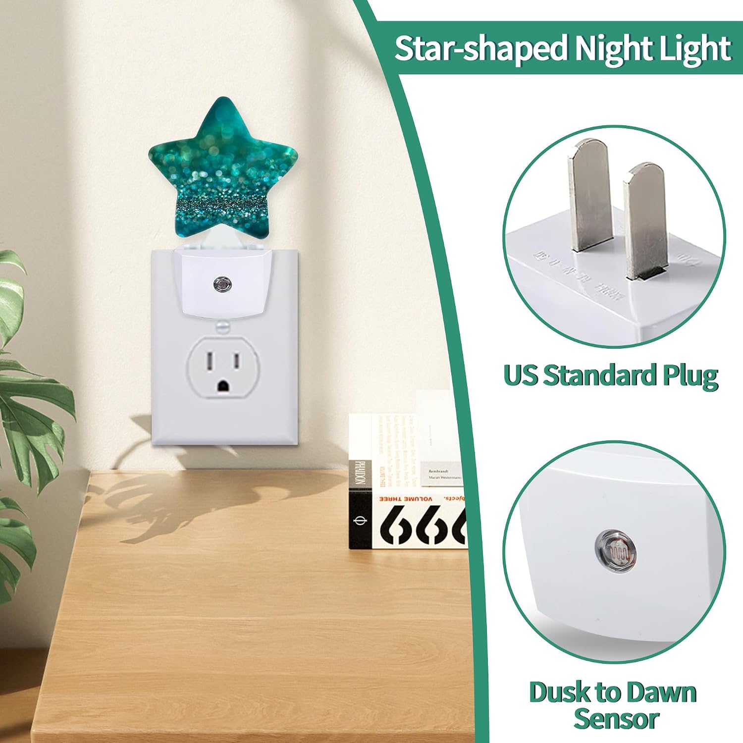 Star Night Light with Dusk to Dawn Sensor, Green Glittering Plug in Night Light for Kids Bedroom Nursery, Soft Warm Glow Lamp for Hallway…