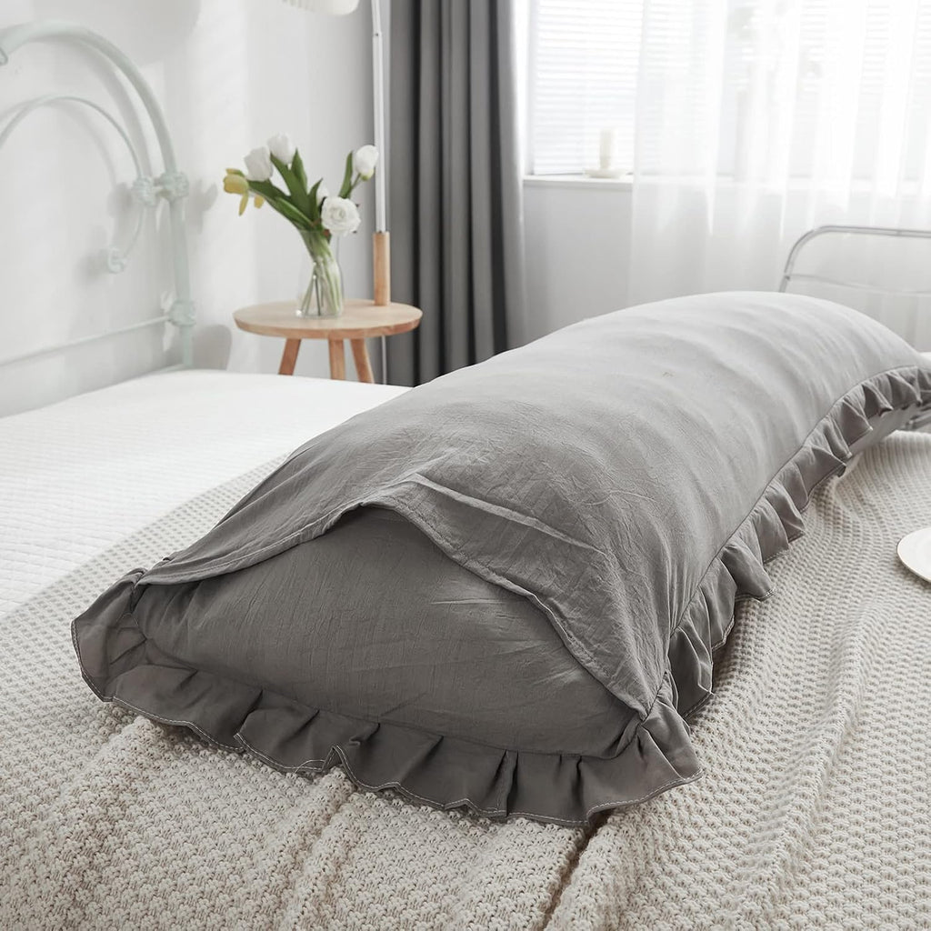 Merryword Shabby Chic 20x54in Light Grey Body Pillow Cover with Ruffled Fringe Decor Grey