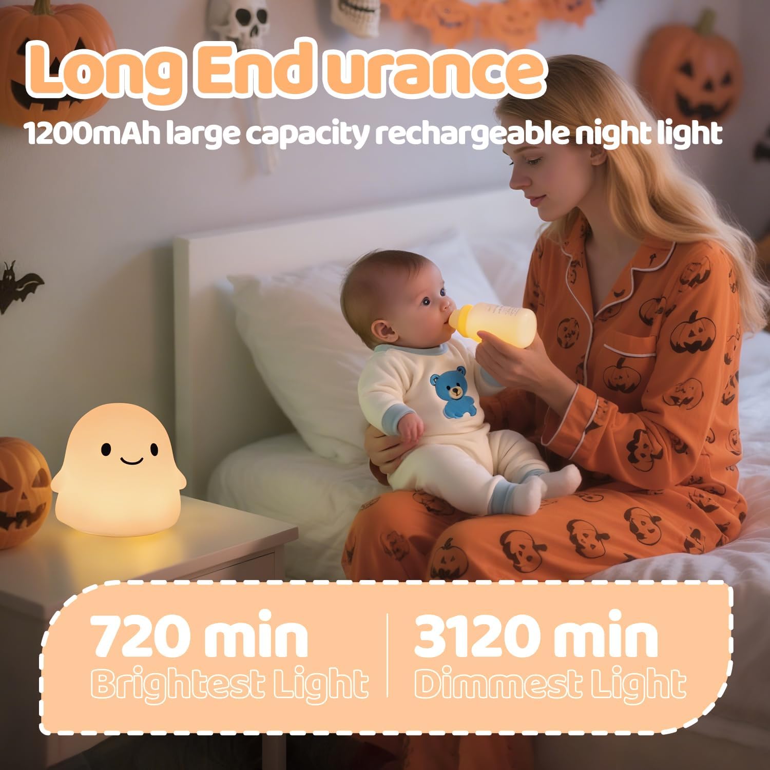 Rytinazzz Halloween Ghost Night Light, Color-Changing & 50-Hour Battery, Spooky-Cute Squishy Lamp for Kids, USB Rechargeable with Timer, Ha…