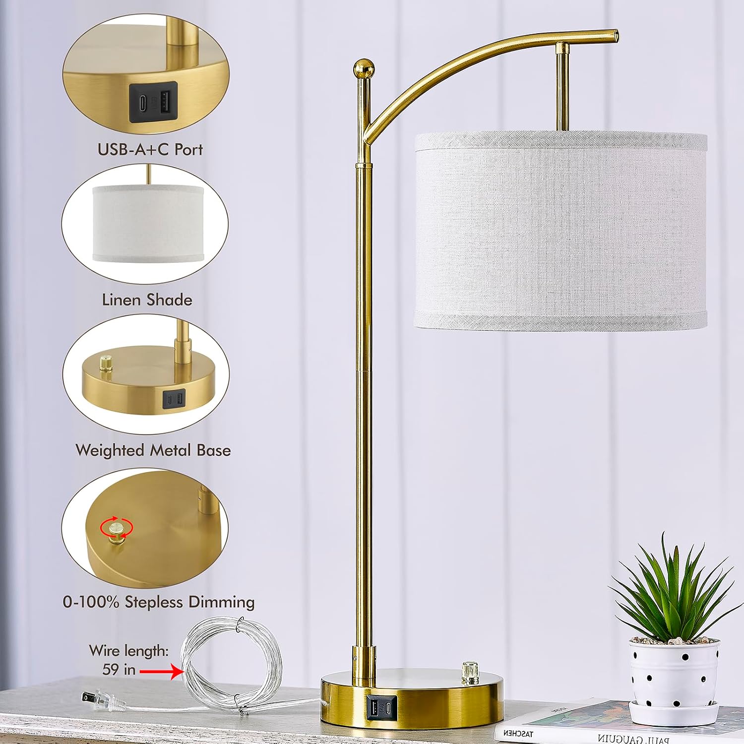 Table Lamp for Living Room Bedroom, 23.5" Table Lamps Set of 2 with USB C+A Ports, Bedside Lamps for Nightstand with Linen Lamp Shades, 2…
