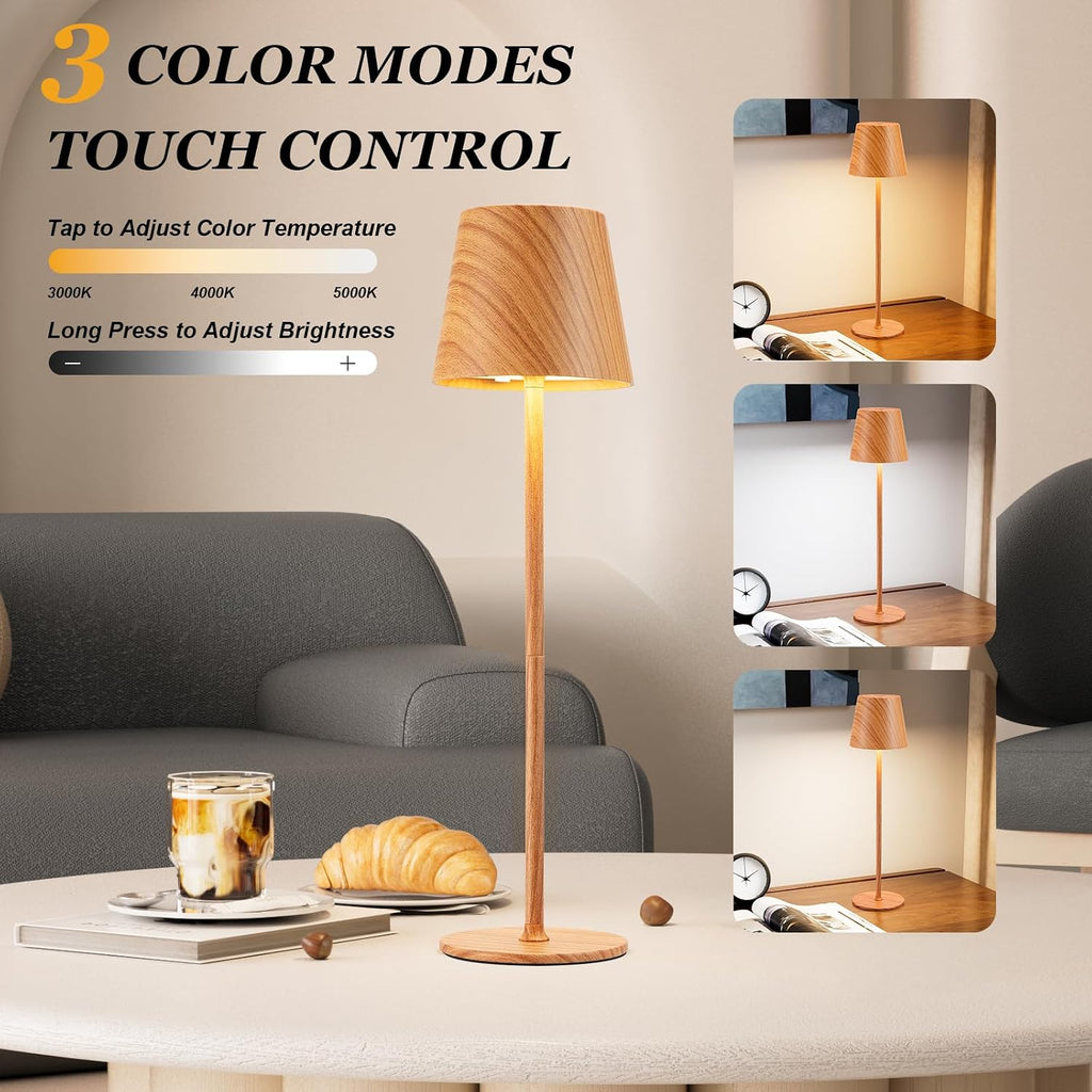 Kakanuo Cordless Table Lamp Rechargeable - Wood Grain 2 Pack 5000mAH Battery Operated Lamp for Counter, 3 Color Stepless Dimming Wireless…