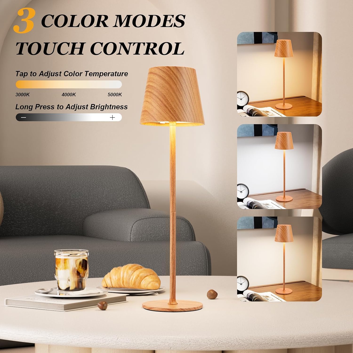 Kakanuo Cordless Table Lamp Rechargeable - Wood Grain 2 Pack 5000mAH Battery Operated Lamp for Counter, 3 Color Stepless Dimming Wireless…