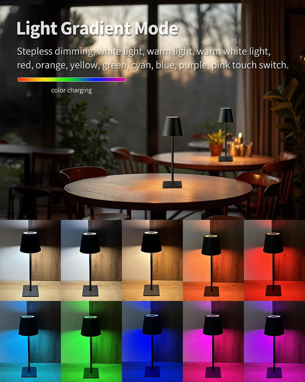 KDG 2 Pack Cordless Table Lamp, RGB Color Stepless Dimming Up, 4000mAh Battery Operated Portable LED Desk Lamp, for Dinning Room…