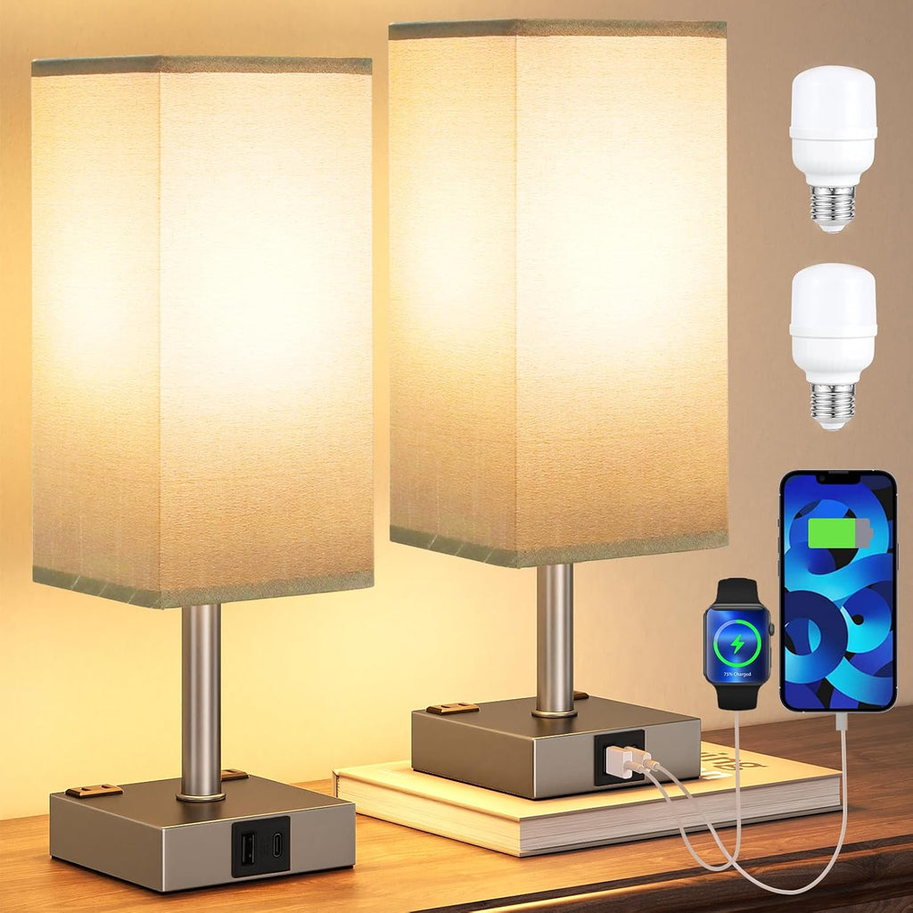 aooshine Dark Grey Touch Lamps Set of 2 - Nightstand Lamp with USB-C + A Charge Ports & AC Outlets, 3-Way Dimmable Bedside Lamp, Small…