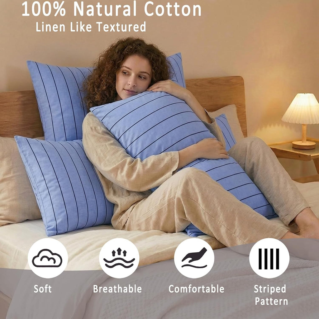 Merryword King Size Pillowcases, 100% Cotton Pillow Cases, Denim Blue Striped Pillowcases, Soft Breathable Pinstripe Pillow Covers, Set of…