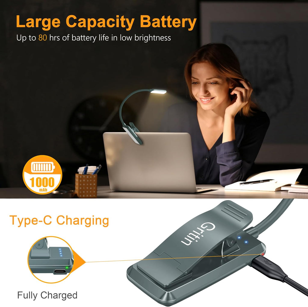 Gritin 9 LED Rechargeable Book Light for Reading in Bed - Eye Caring 3 Color Temperatures, Stepless Dimming Brightness,80 Hrs Runtime…