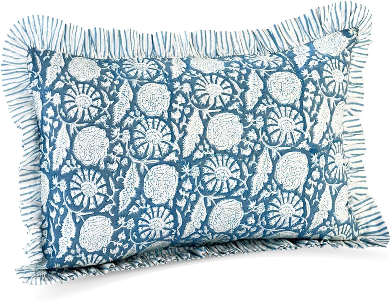Cottonprintclub CPC Hand Block Print Blue Meadow Ruffle Sham Pillow Cover 20" x 12" inch Hidden Zipper Decorative Pillowcase for Couch, Bed…