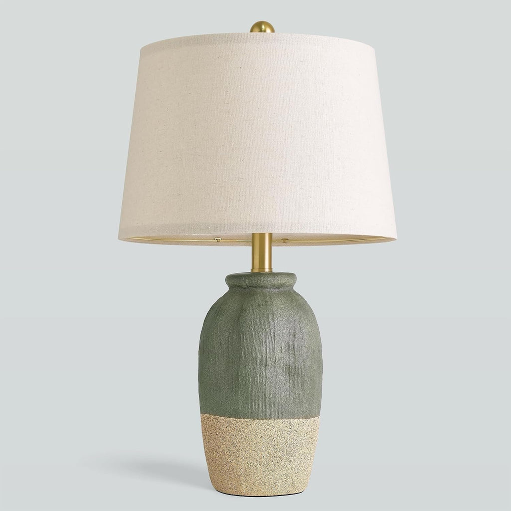 22.5" Hand-Textured Vintage Ceramic Table Lamp, Single Rustic Farmhouse Bedside Lamp with Linen Shade, Boho Lamp for Bedroom Living Room…