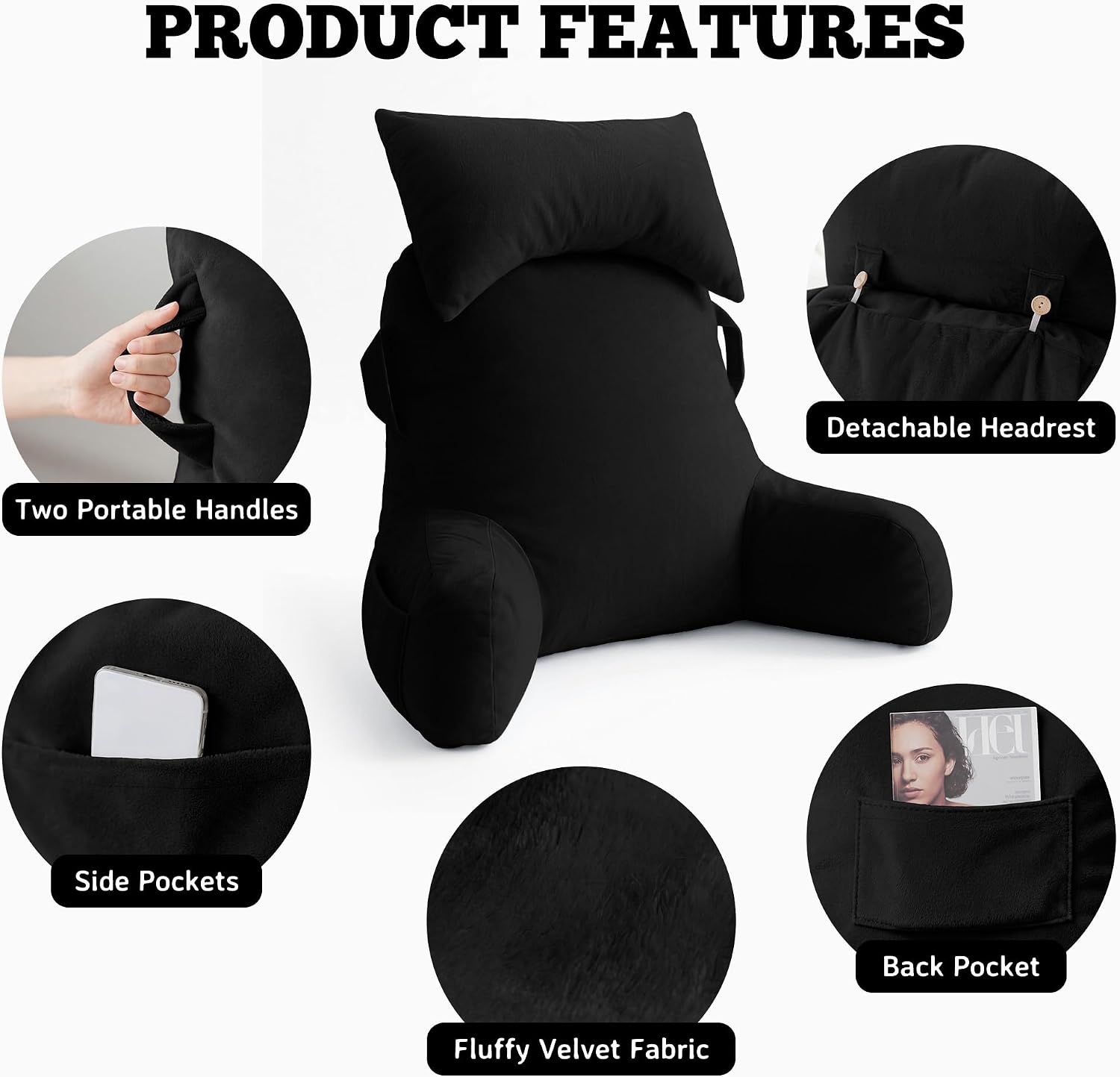Unisakey Portable Reading Pillows with Headrest for Bed Sitting Up(Black Oeko-Tex), Velvet Back Pillow with Arms & Pockets for Adults…