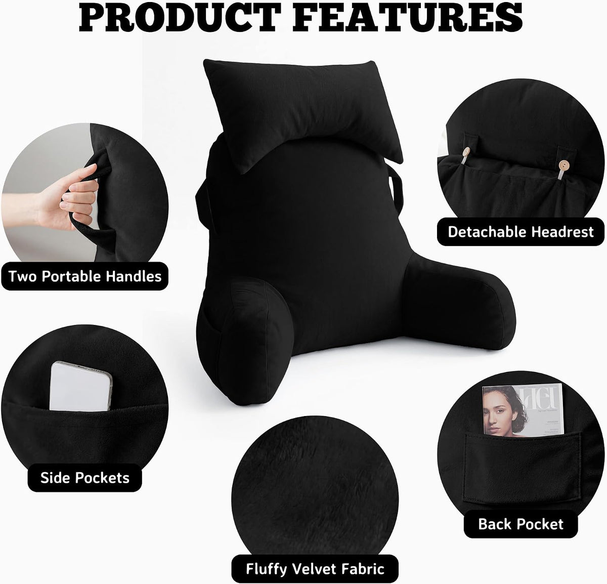 Unisakey Portable Reading Pillows with Headrest for Bed Sitting Up(Brown Oeko-Tex), Velvet Back Pillow with Arms & Pockets for Adults…