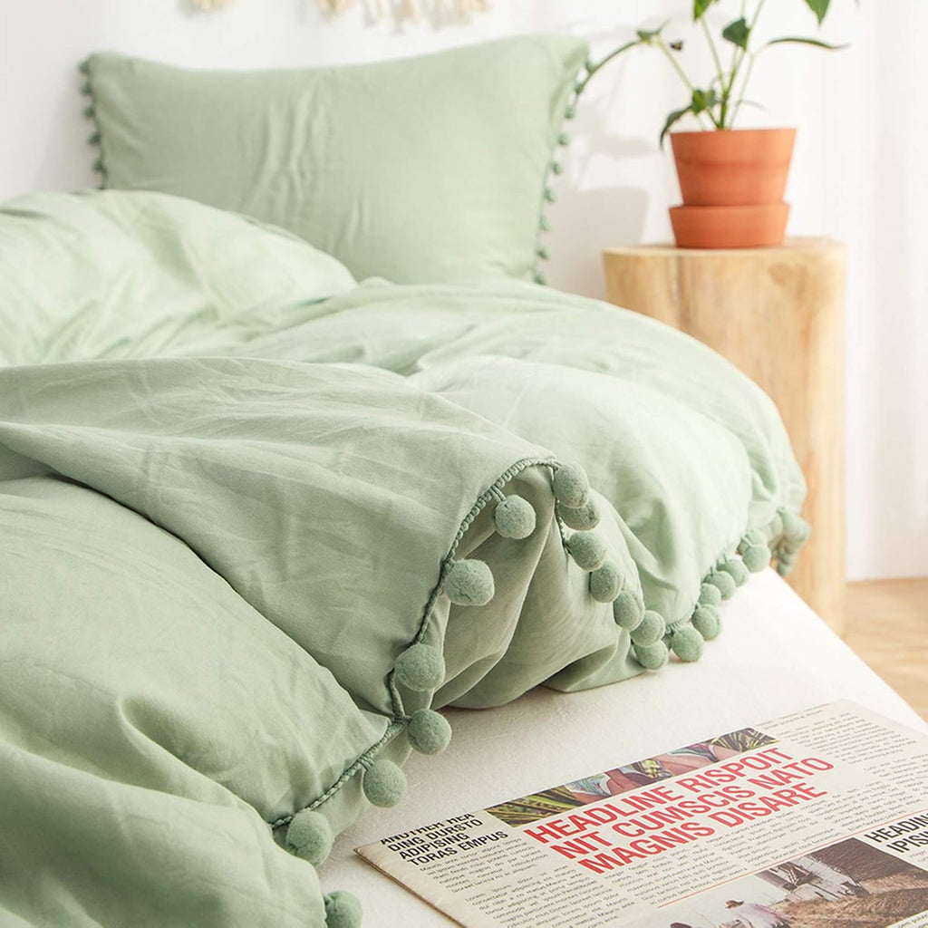 Moveover Sage Green Pom Poms Pillow Cases, Green Pillowcases Set of 2, 100% Soft Washed Microfiber, Dark Green Pillow Shams King, 2 Pack (K…