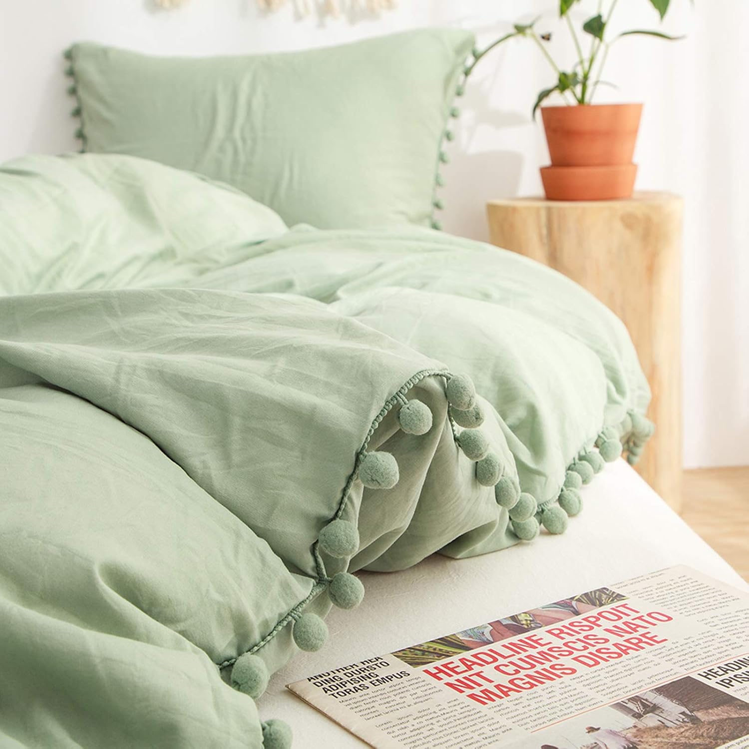 Moveover Sage Green Pom Poms Pillow Cases, Green Pillowcases Set of 2, 100% Soft Washed Microfiber, Dark Green Pillow Shams King, 2 Pack (K…