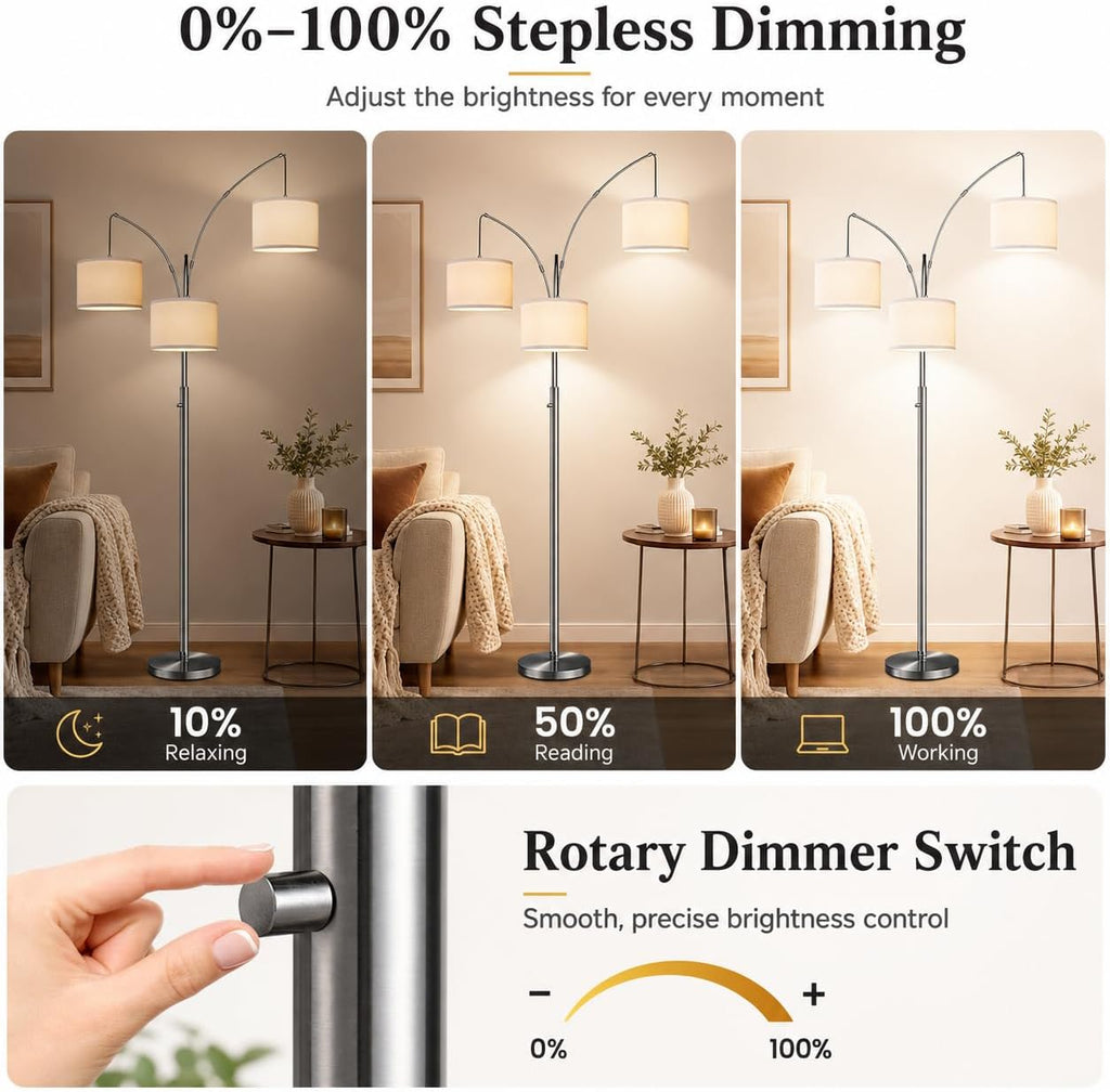 Nintiue Dimmable Floor Lamp - 3 Lights Brushed Nickel Arc Floor Lamps for Living Room,1000LM Modern Tall Standing Lamp with White…