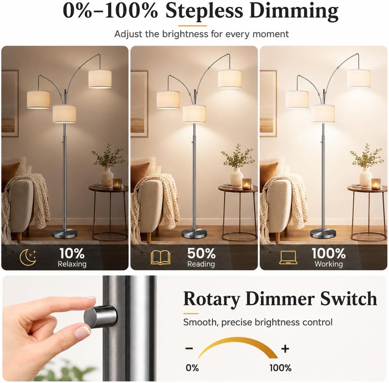 Nintiue Dimmable Floor Lamp - 3 Lights Brushed Nickel Arc Floor Lamps for Living Room,1000LM Modern Tall Standing Lamp with White…