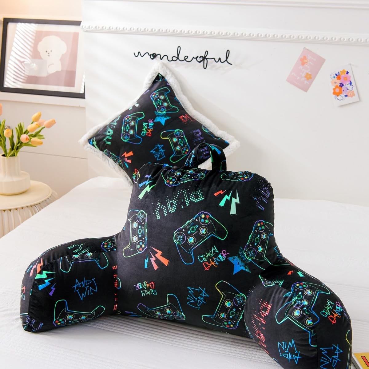 Ntbed Video Game Controller Printed Reading Pillow Bed Wedge Backrest with Arms, Couch TV Relax Bed Rest Pillow Back Support Cushion for Ki…
