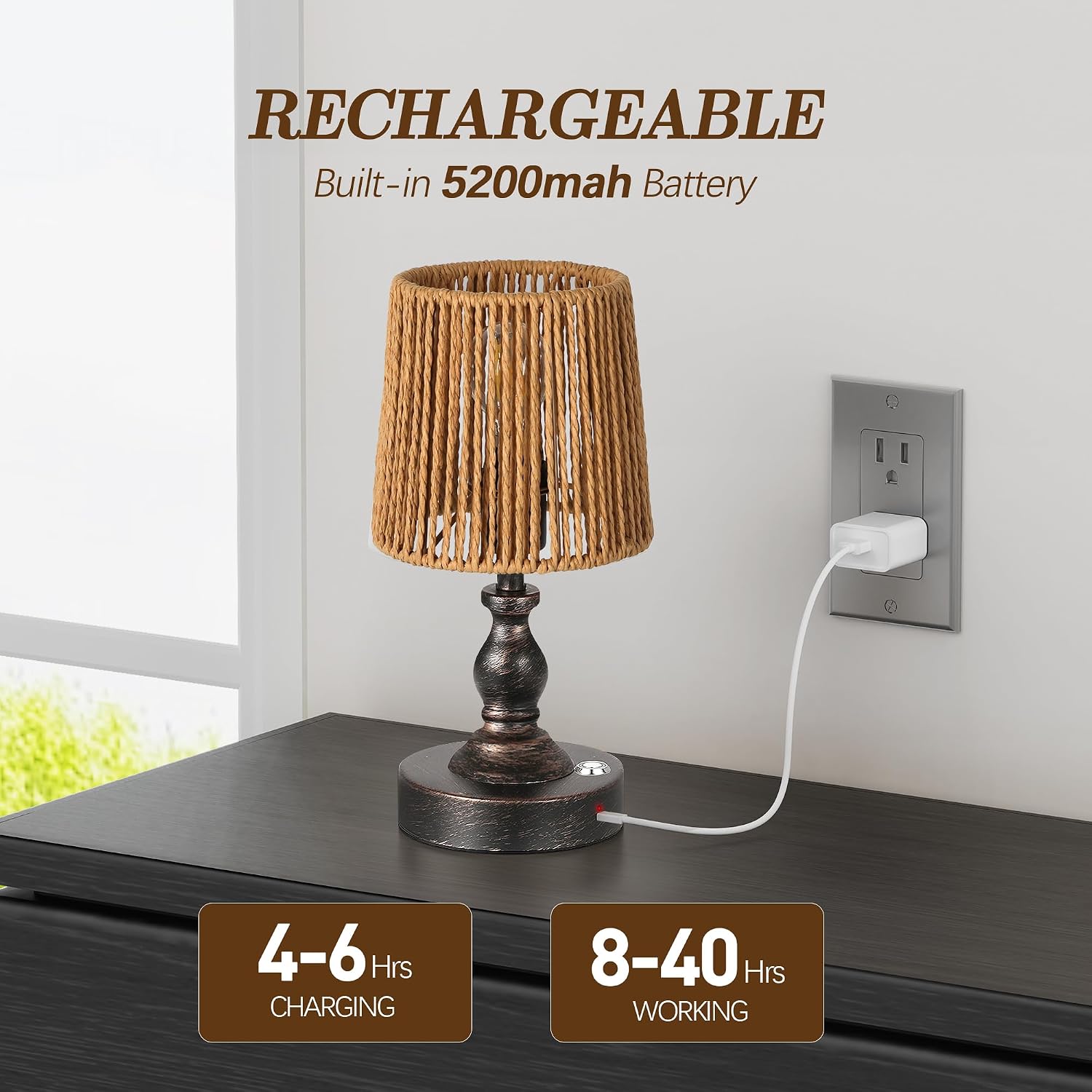 PARTPHONER Mini Cordless LED Table Lamp, 5200mAh Rechargeable Battery Operated Lamp, 3-Level Brightness, Touch Dimmable Desk Lamp…
