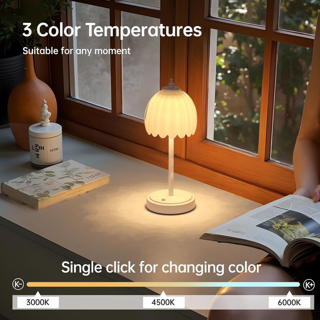 Shenmoyl Tulip Table Lamp with 5200mAh Battery & Touch Control, Cordless Small Table Lamp with 3 Colors, Dimmable Rechargeable Table…