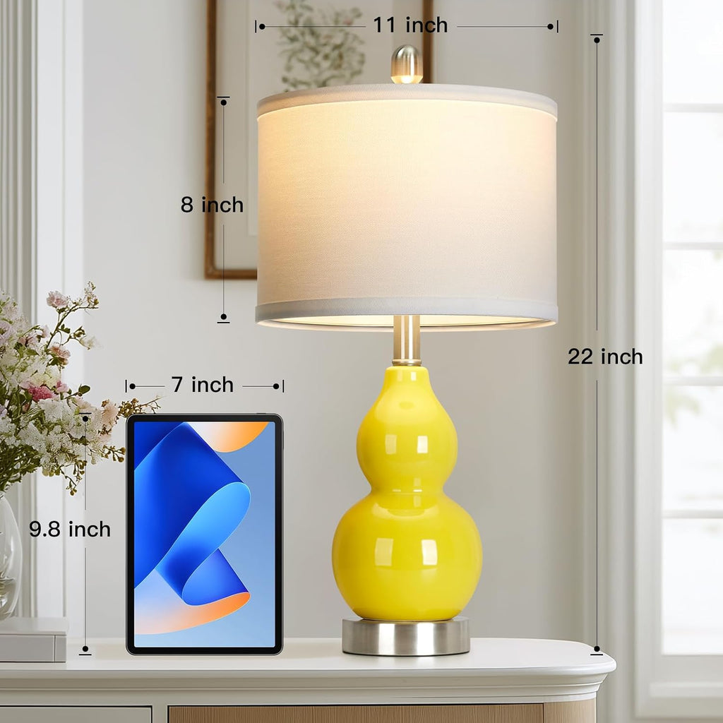 Rinweey Double Gourd Ceramic Table Lamps Set of 2, Modern Yellow Bedside Lamps for Night Stand, Contemporary Nightstand Lamps for Bedroom…