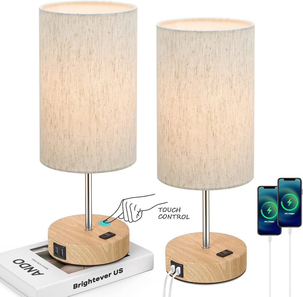 Brightever Table Lamps Set of 2 Touch Control, 2 USB Charging Ports&AC Outlet, 3-Way Dimmable Bedside Nightstand Lamp with Flaxen Fabric Sh…