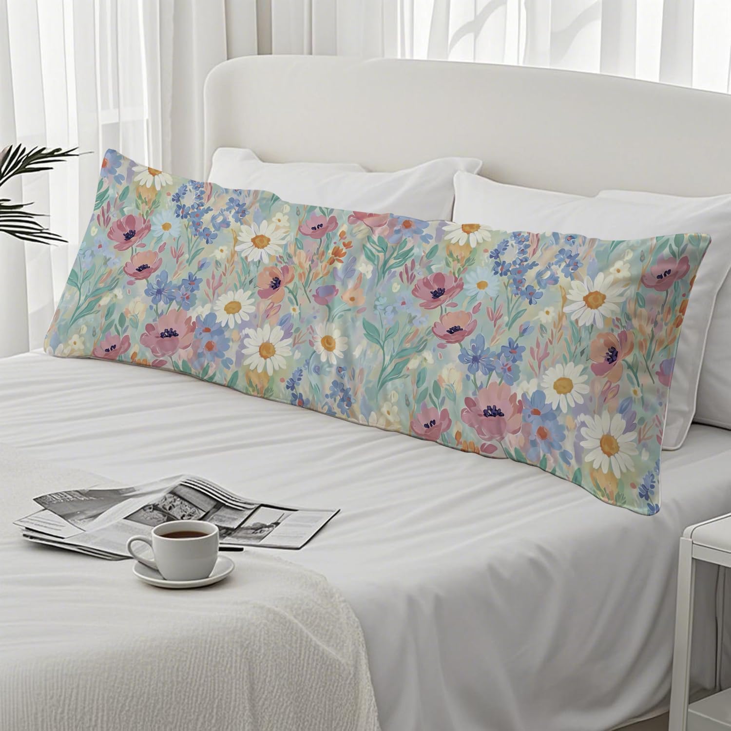 Spring Floral 20x54 Body Pillow Cover, Spring Home Room Decor, Pastel Cottagecore Botanical Wildflower Decorative Long Body Pillow Cases…