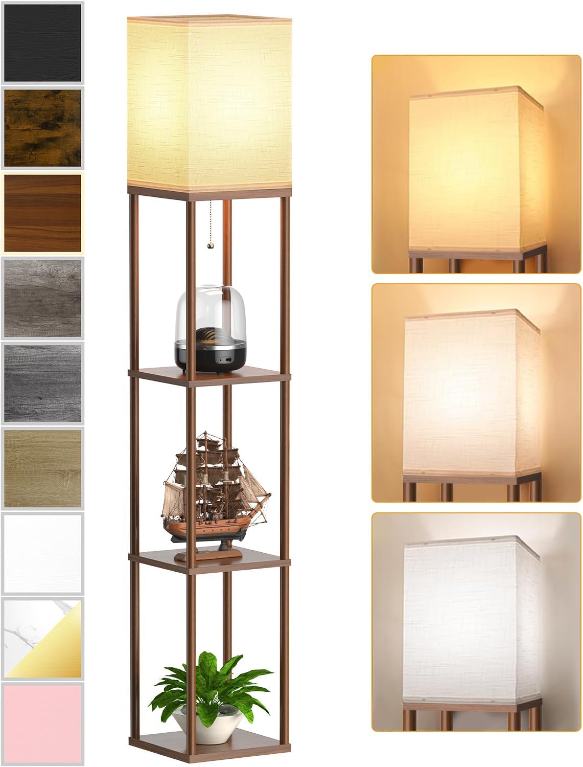 Floor Lamp with Shelves for Living Room Walnut Brown, Shelf Floor Lamp with 3 CCT LED Bulb, Corner Display Standing Column Lamp Etagere…